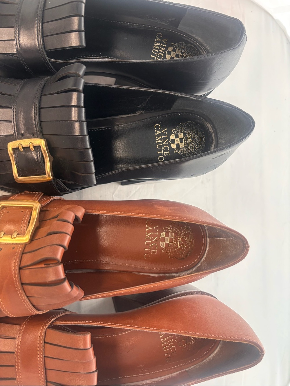 Vince Camuto Black & Cognac Fringe Buckle Heels size 10 - Picture 9 of 10